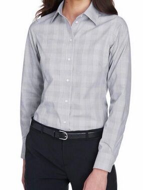 Women's Light Gray Plaid Button-Front Blouse - Classic Collared Shirt